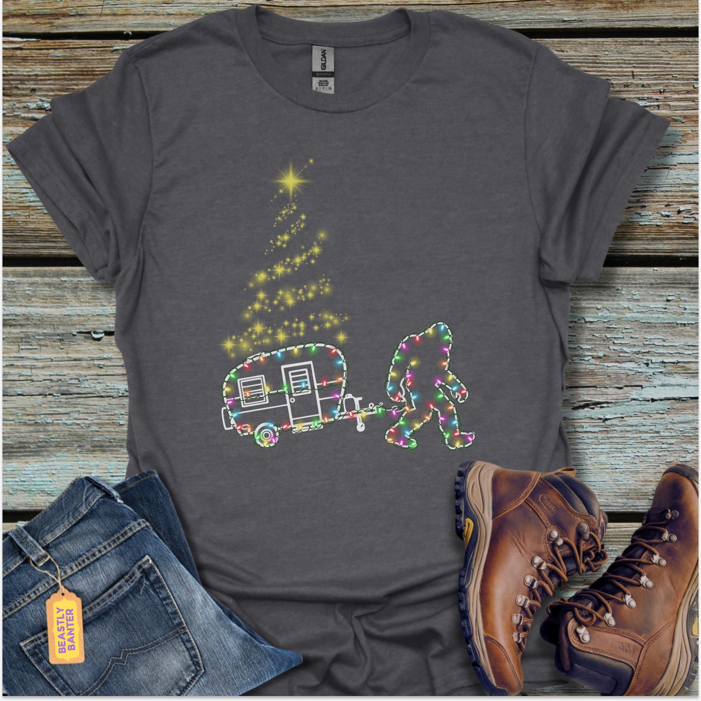 Bigfoot Christmas Lights Camper T-Shirt