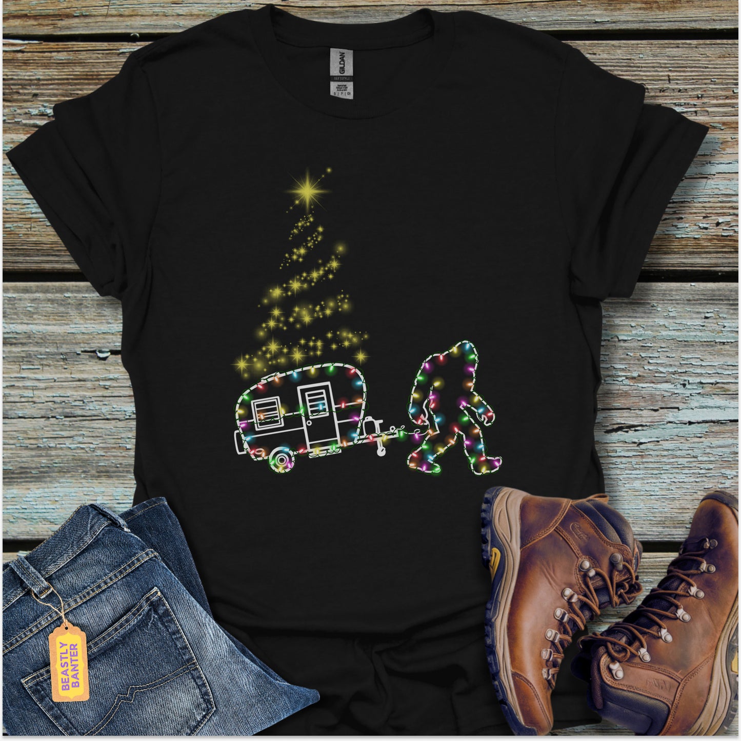 Bigfoot Christmas Lights Camper T-Shirt