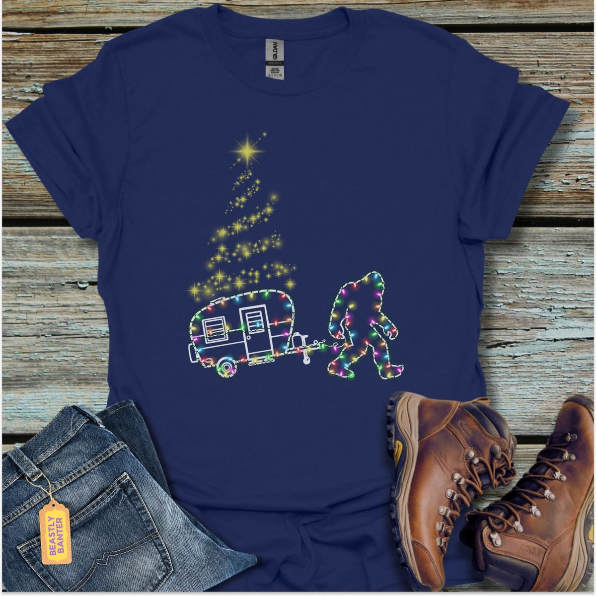 Bigfoot Christmas Lights Camper T-Shirt - Beastly Banter