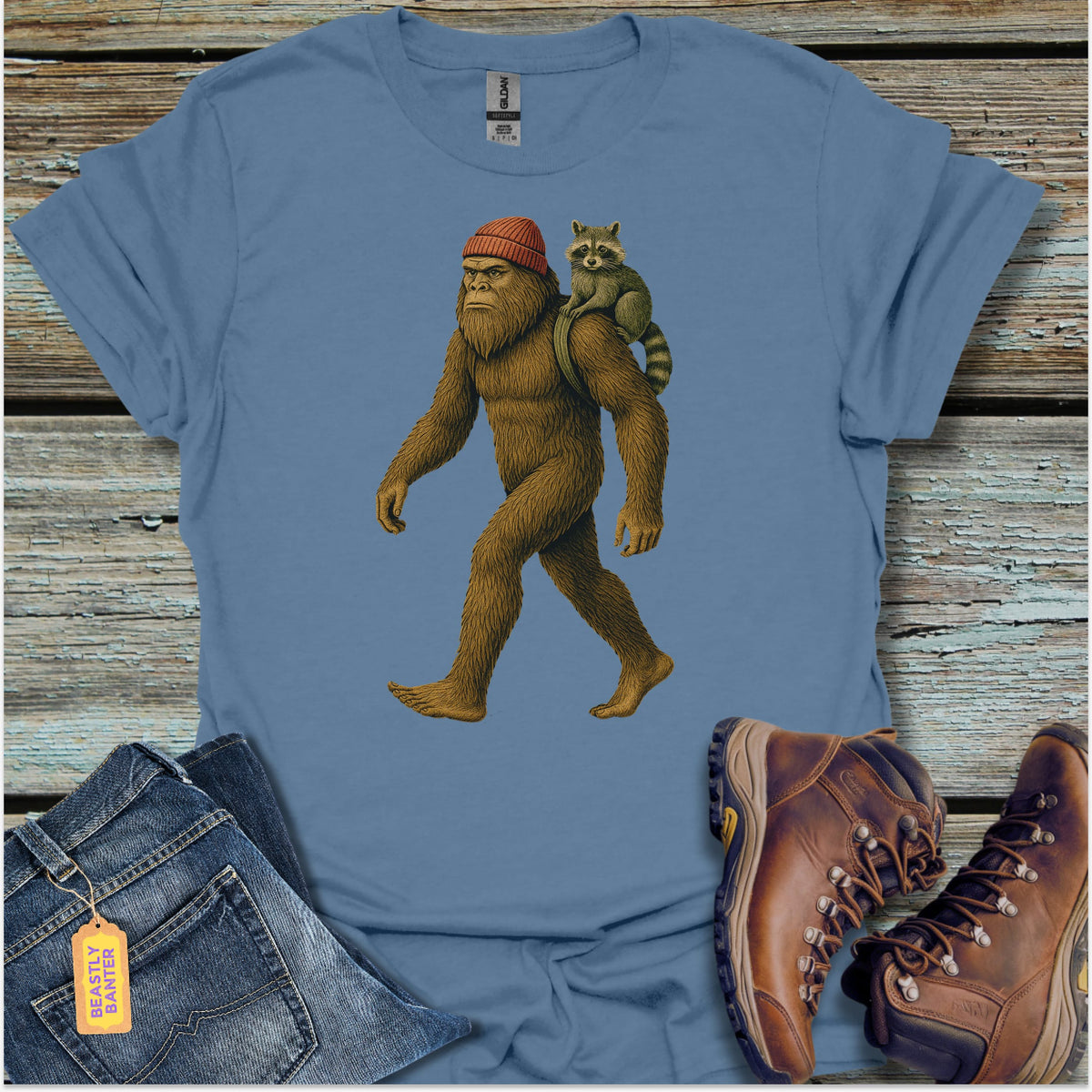Bigfoot Walking With Raccoon T-Shirt - Beastly Banter
