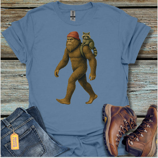 Bigfoot Walking With Raccoon T-Shirt - Beastly Banter