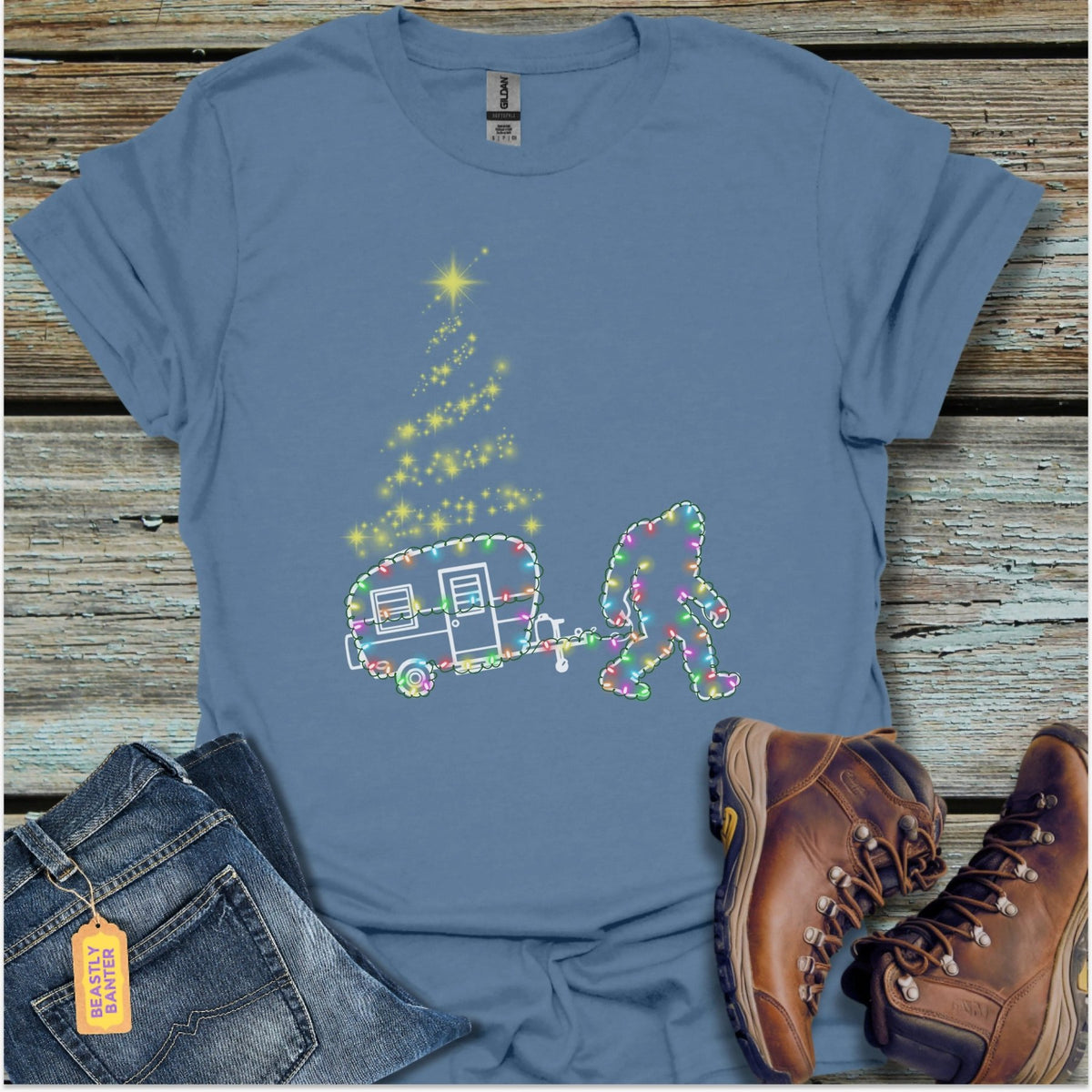 Bigfoot Christmas Lights Camper T-Shirt - Beastly Banter