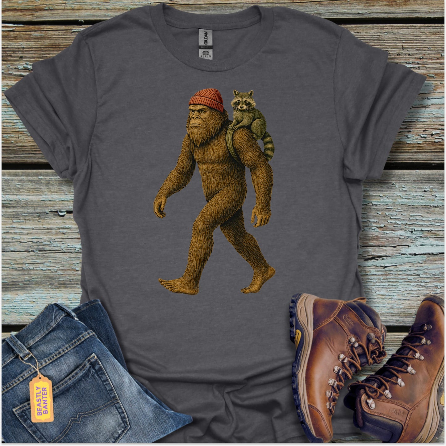 Bigfoot Walking With Raccoon T-Shirt - Beastly Banter