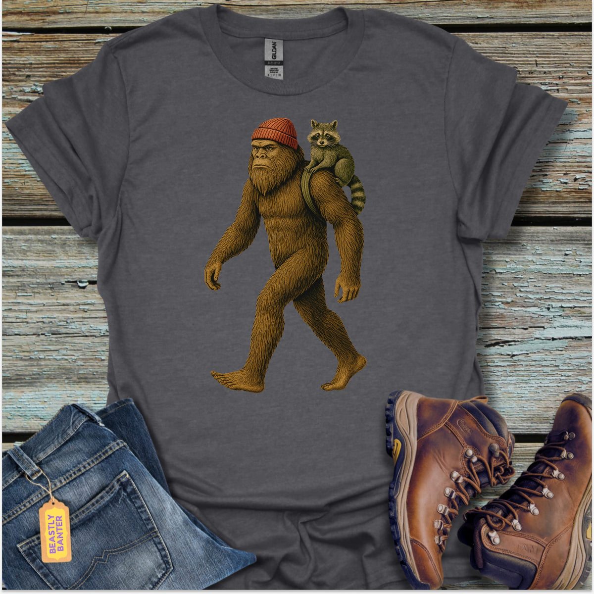 Bigfoot Walking With Raccoon T-Shirt - Beastly Banter