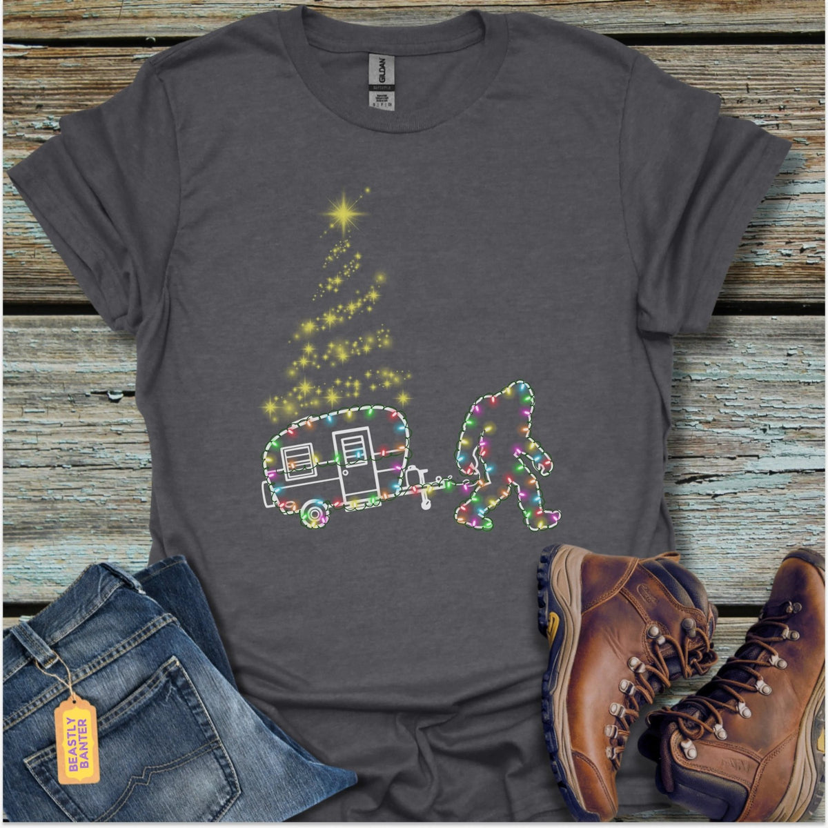 Bigfoot Christmas Lights Camper T-Shirt - Beastly Banter