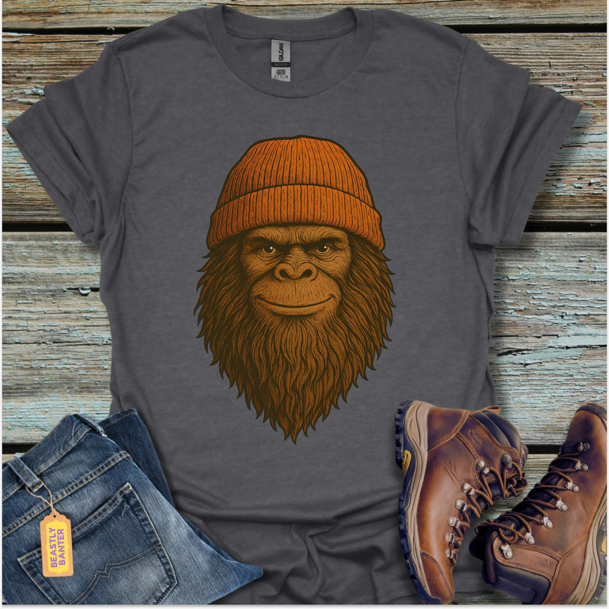 Smiling Bigfoot Beanie T-Shirt - Beastly Banter