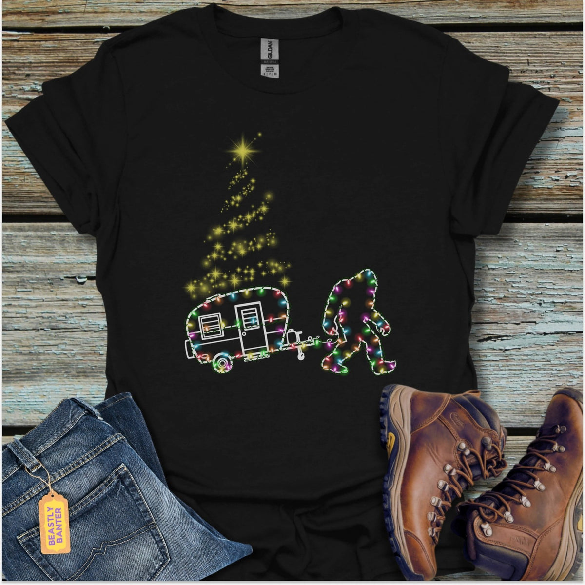 Bigfoot Christmas Lights Camper T-Shirt - Beastly Banter