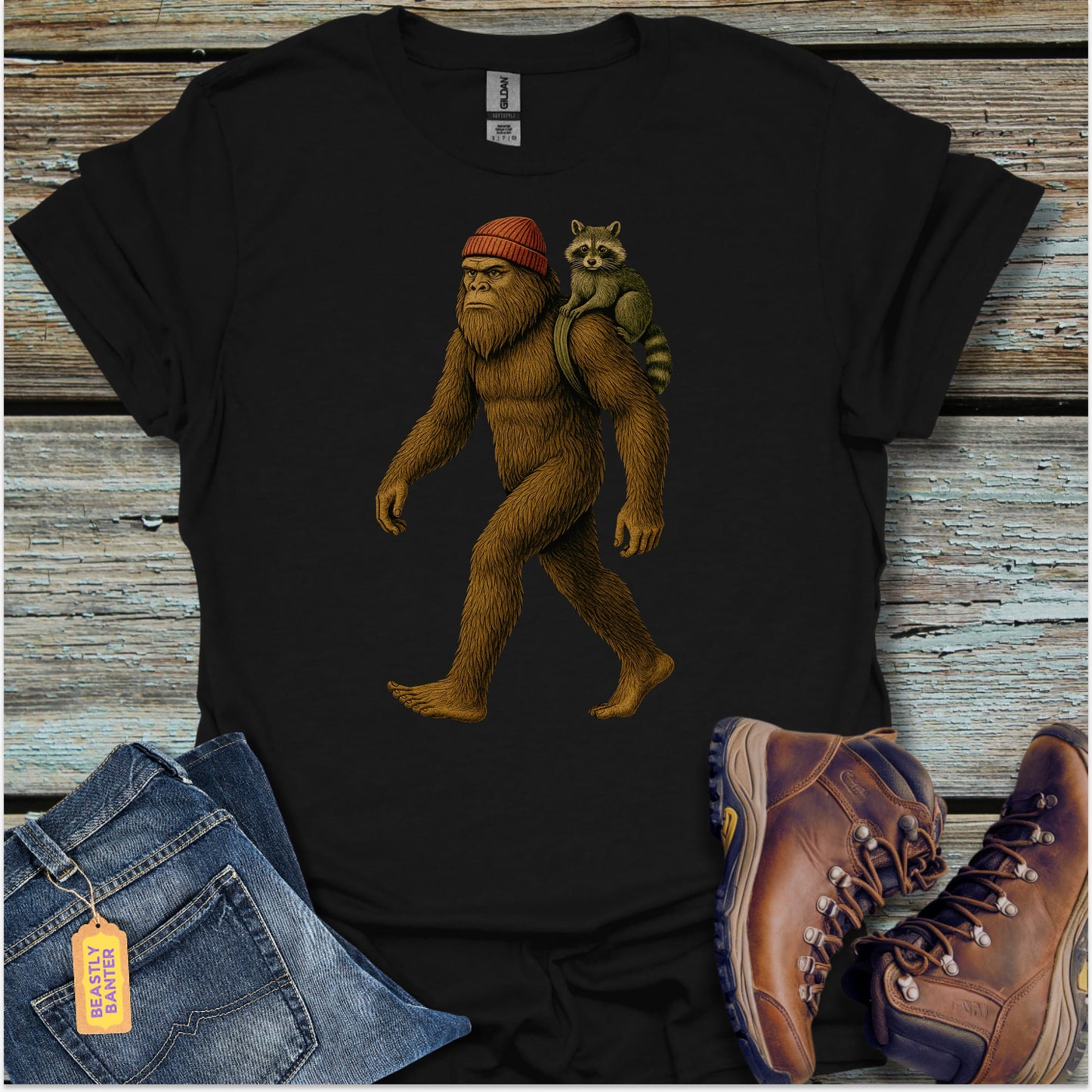 Bigfoot Walking With Raccoon T-Shirt - Beastly Banter