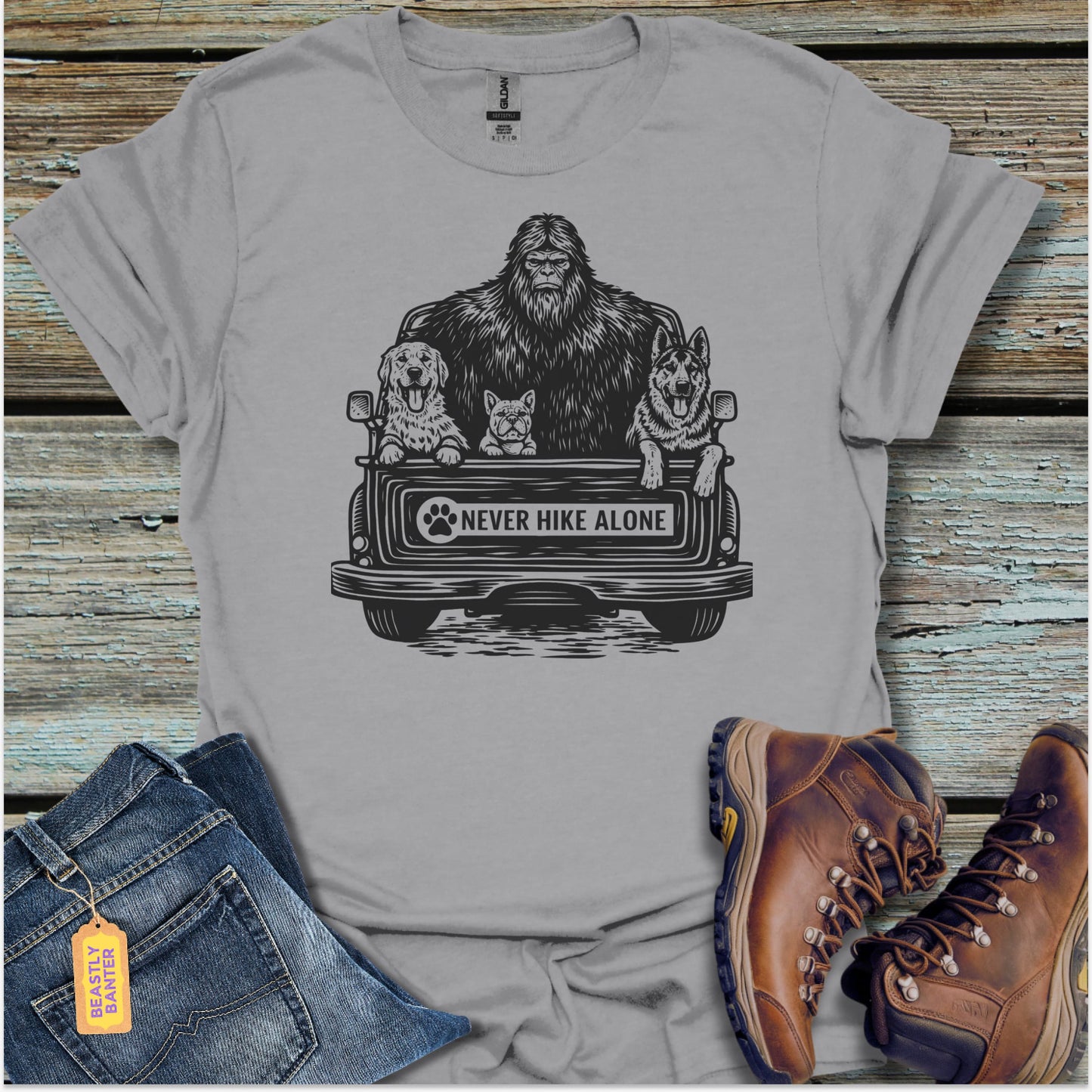 Never Hike Alone Bigfoot T-Shirt - Beastly Banter