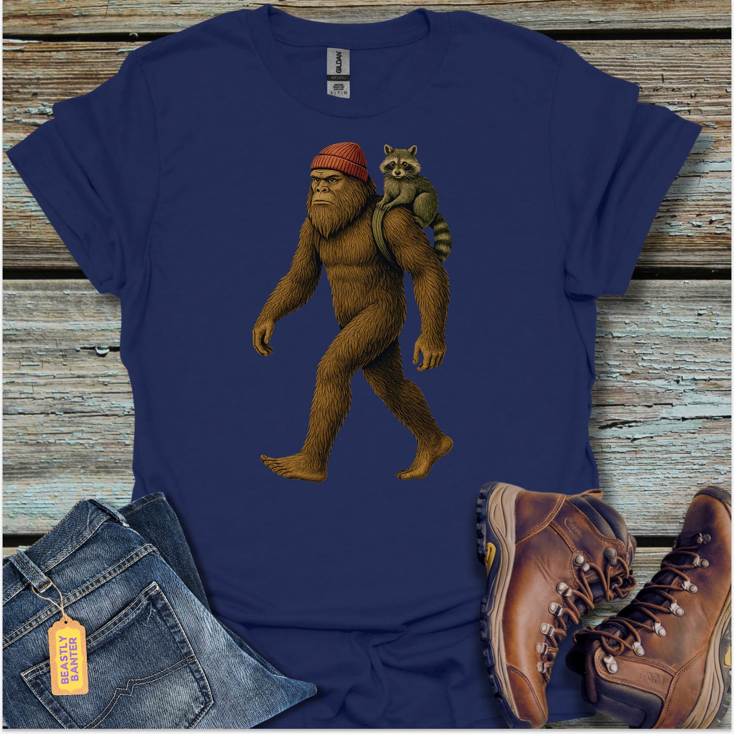 Bigfoot Walking With Raccoon T-Shirt - Beastly Banter