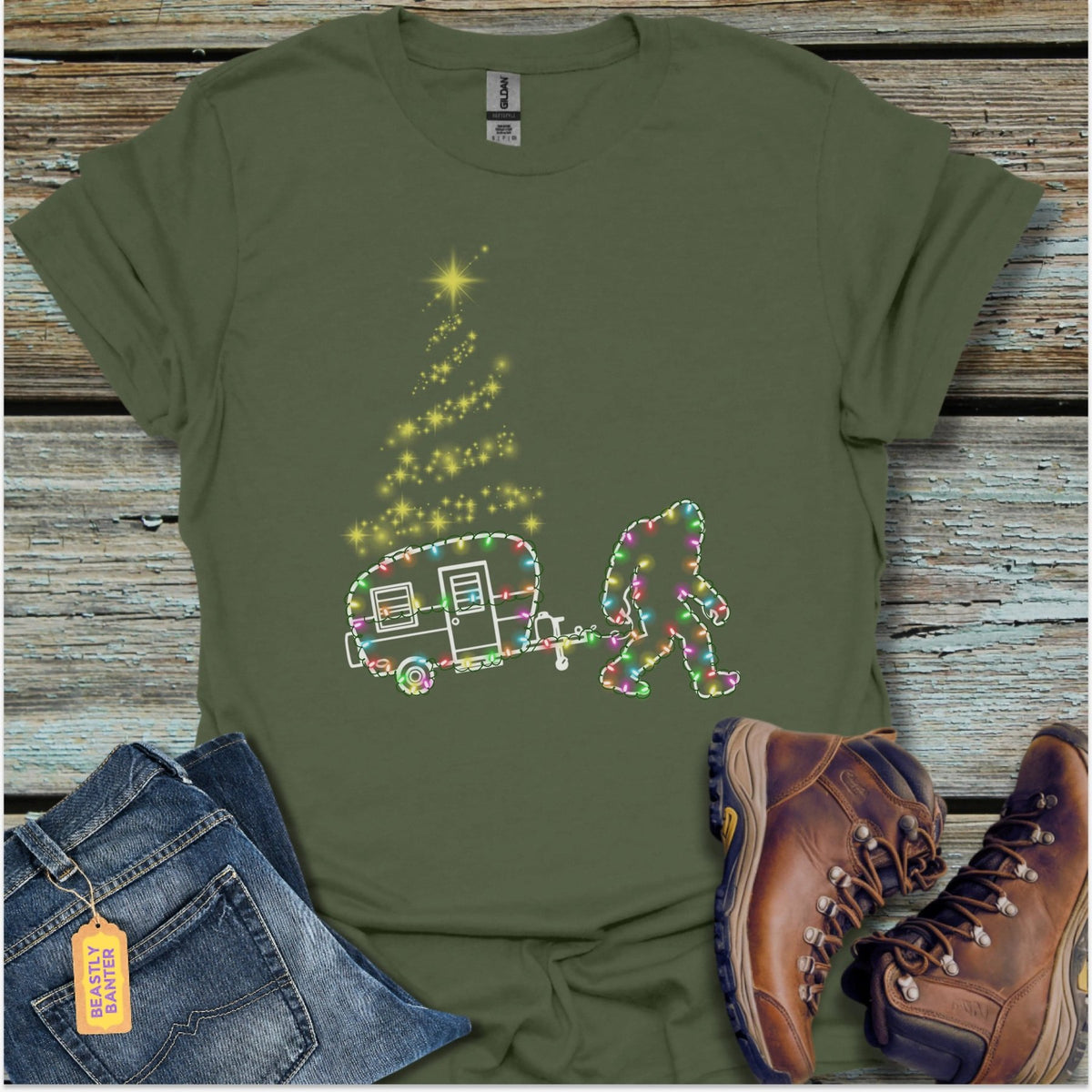 Bigfoot Christmas Lights Camper T-Shirt - Beastly Banter