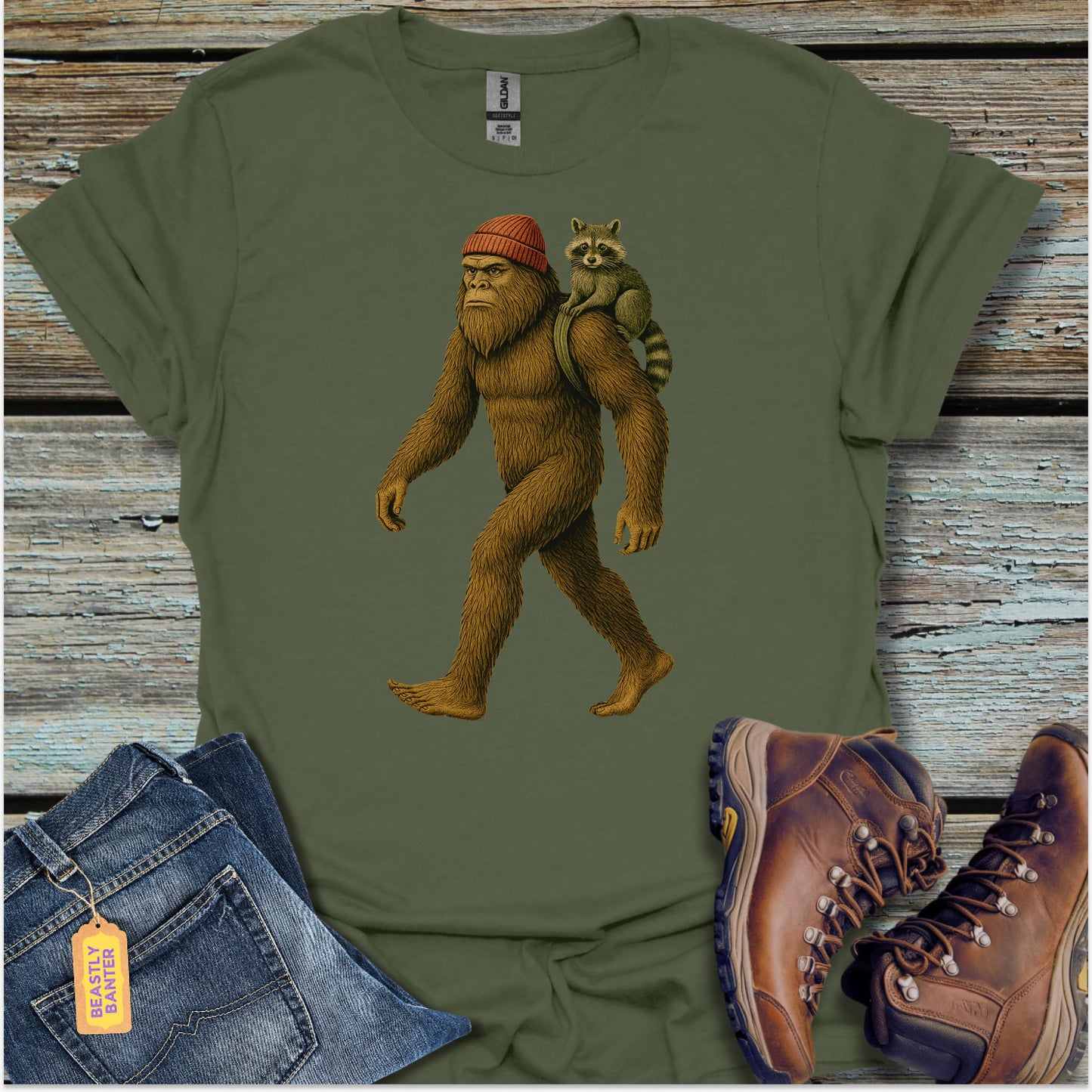 Bigfoot Walking With Raccoon T-Shirt - Beastly Banter