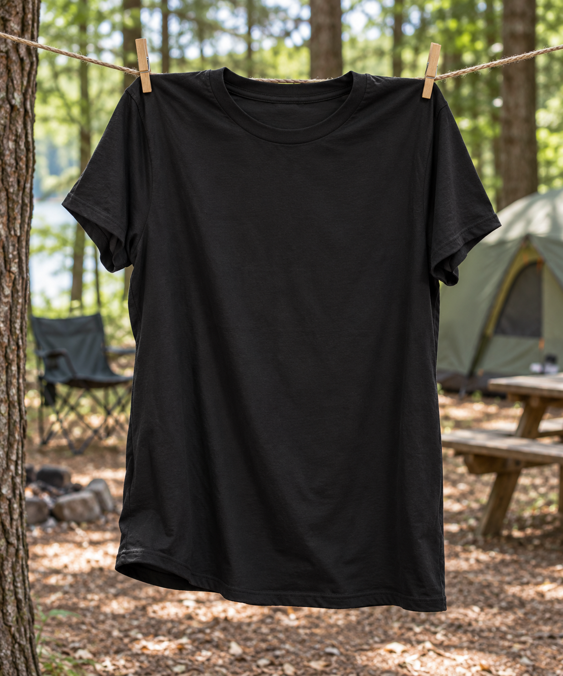 Black T-shirt hanging on a clothesline at a forest campsite