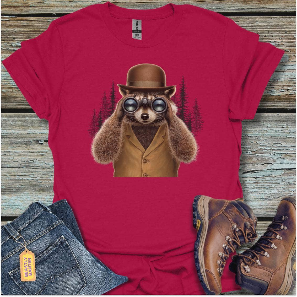 printify-t-shirt-antique-cherry-red-s-raccoon-with-binoculars-raccoon-with-binoculars-32327302152401 - Beastly Banter