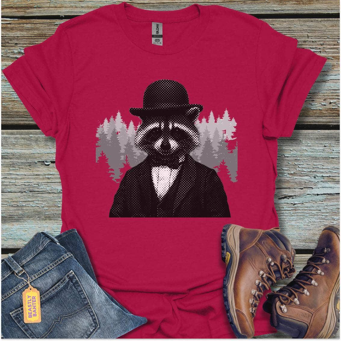 printify-t-shirt-antique-cherry-red-s-raccoon-with-bowler-raccoon-with-bowler-32328134721745 - Beastly Banter