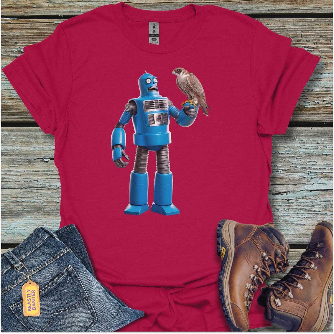 printify-t-shirt-antique-cherry-red-s-robot-and-his-falcon-robot-and-his-falcon-32327606010065 - Beastly Banter