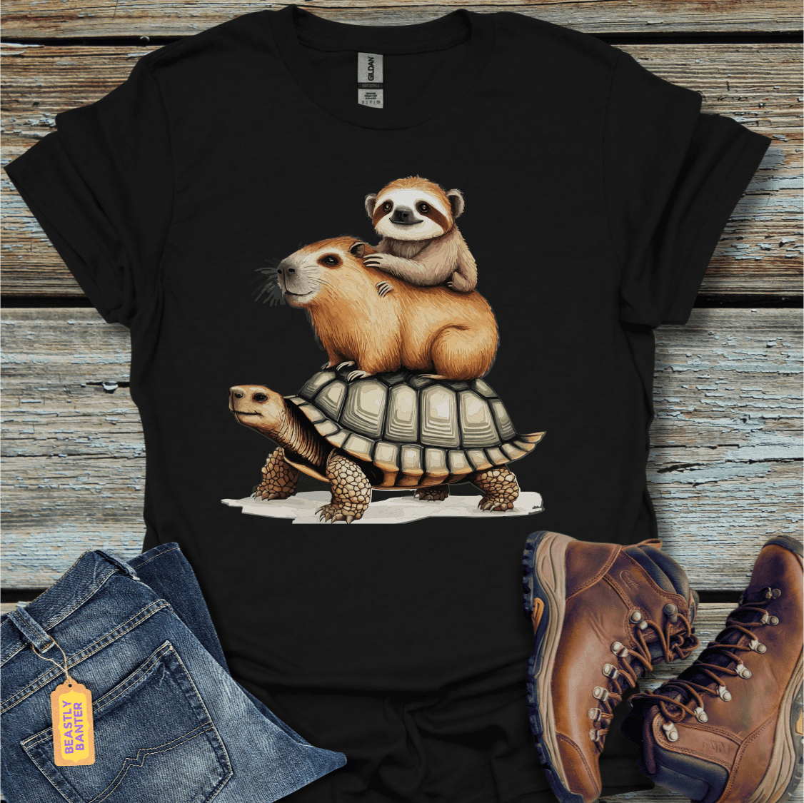 printify-t-shirt-black-s-a-turtle-capybara-and-sloth-32303382298833 - Beastly Banter