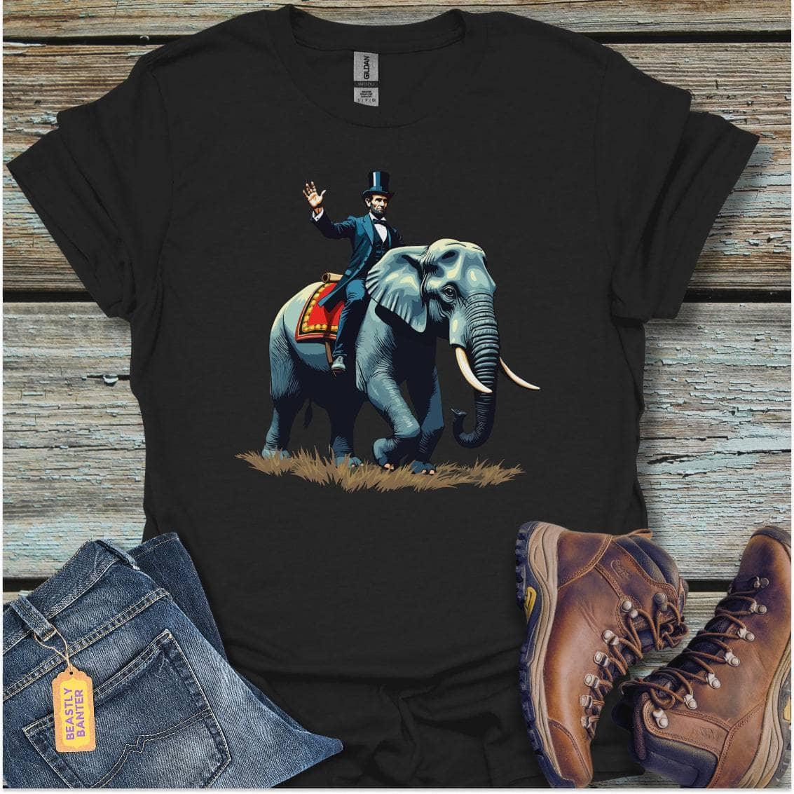 printify-t-shirt-black-s-lincoln-and-his-elephant-lincoln-and-his-elephant-32324263870673 - Beastly Banter