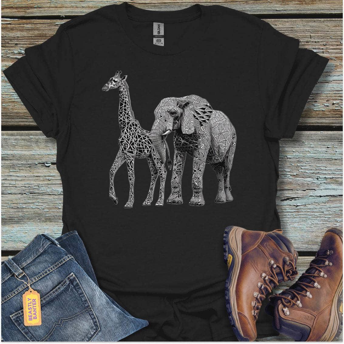 printify-t-shirt-black-s-pencil-sketch-elephant-and-giraffe-pencil-sketch-elephant-and-giraffe-32325713002705 - Beastly Banter