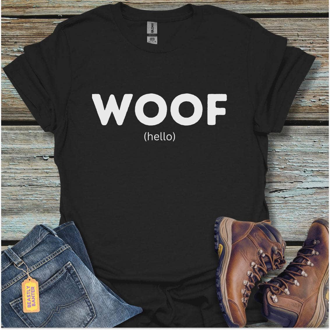 printify-t-shirt-black-s-woof-hello-woof-hello-32332072059089 - Beastly Banter